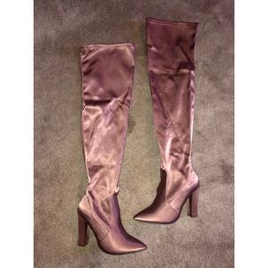 Pink silk knee high pointed toe heel boots